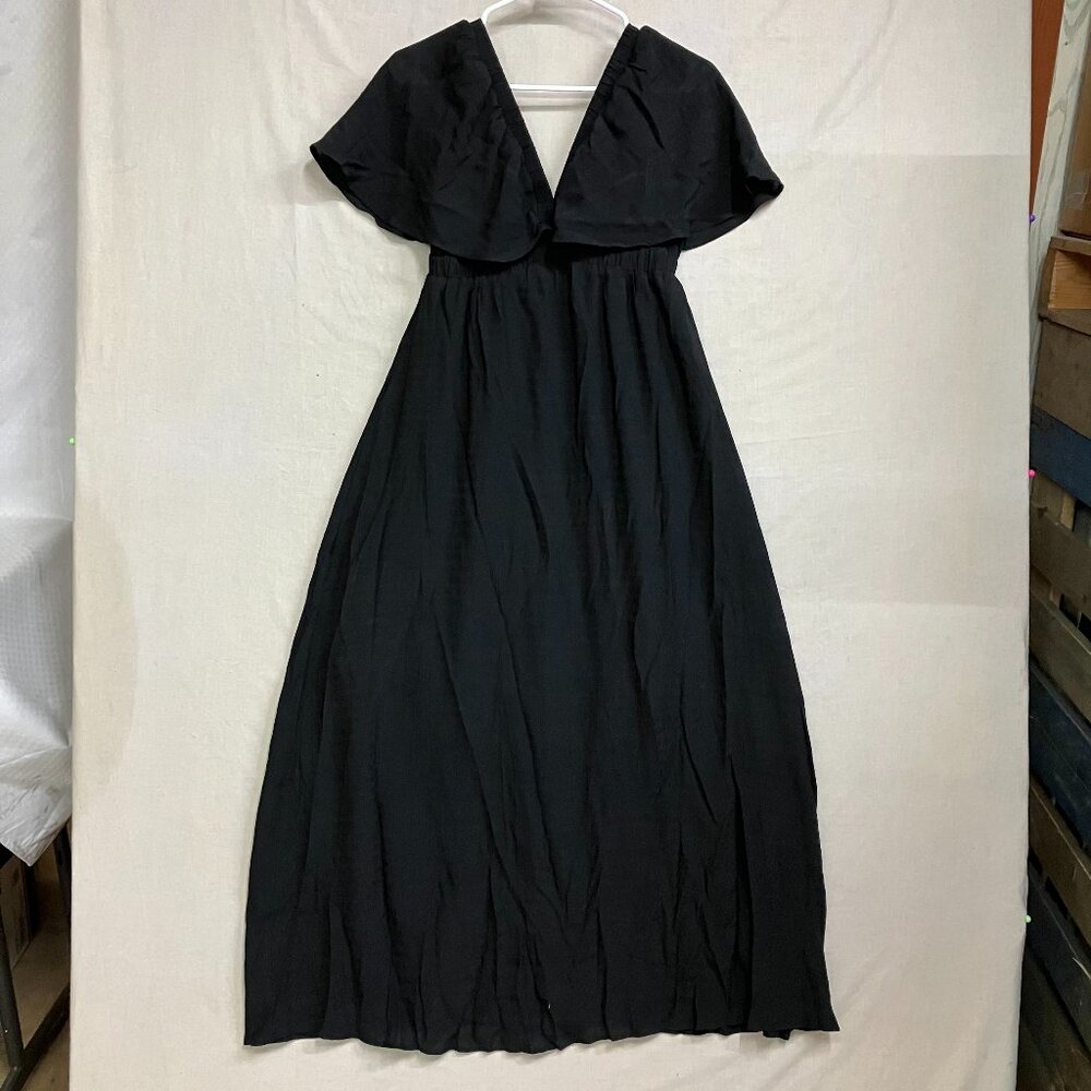 Unbranded Women's Small Black Flutter Sleeve Evening Midi Dress Deep V-Neck
